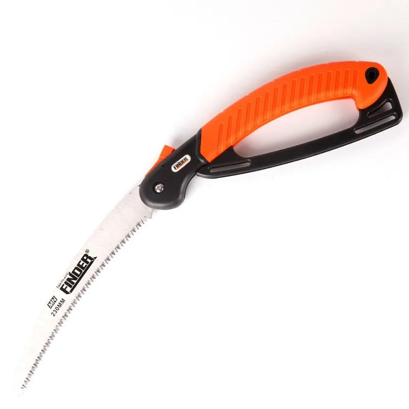 A folded and unfolded view of a black TPR grip folding pruning saw with a 9-inch 65MN steel blade.