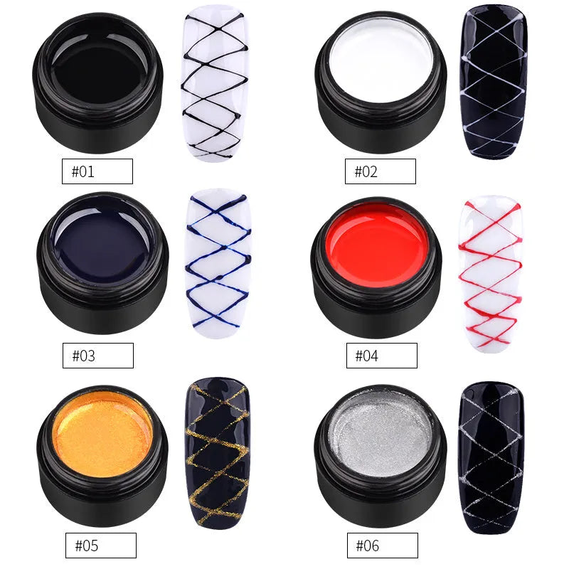 Six 5ml bottles of nail elastic drawing gum in black, white, blue, red, glitter gold, and glitter silver for DIY nail art