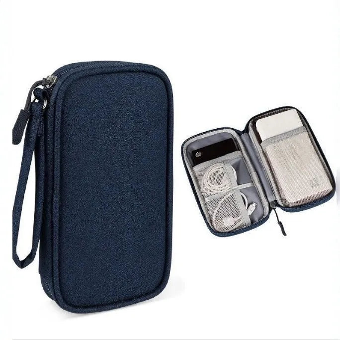 Portable data cable buggy bag in light gray, handbag style, 19x11x3 cm, on flat surface