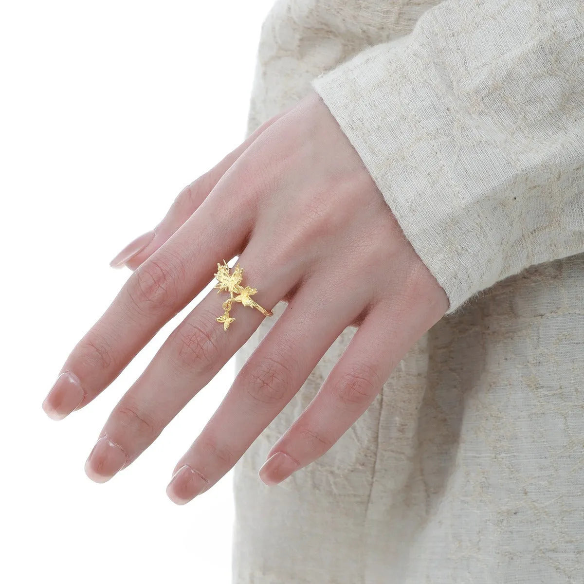 Women's silver butterfly ring with adjustable opening in electroplated gold colour