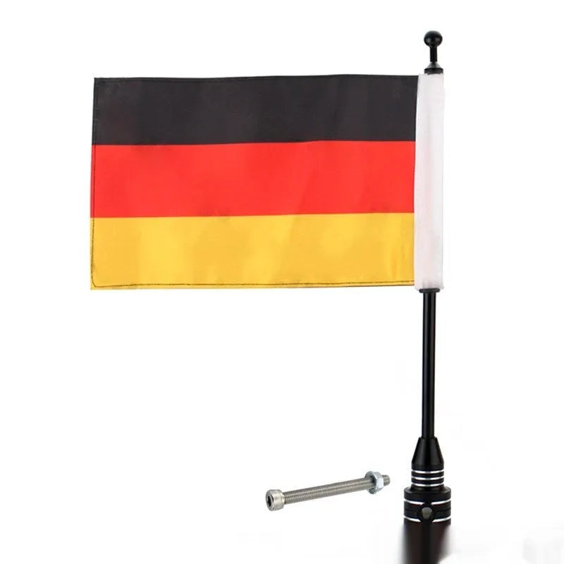 Black and silver chrome vehicle tail box flagpole for mounting on bumpers or luggage racks.