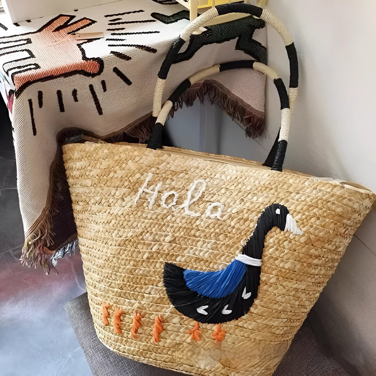 Women's hand-woven straw khaki tote bag with open outer pocket