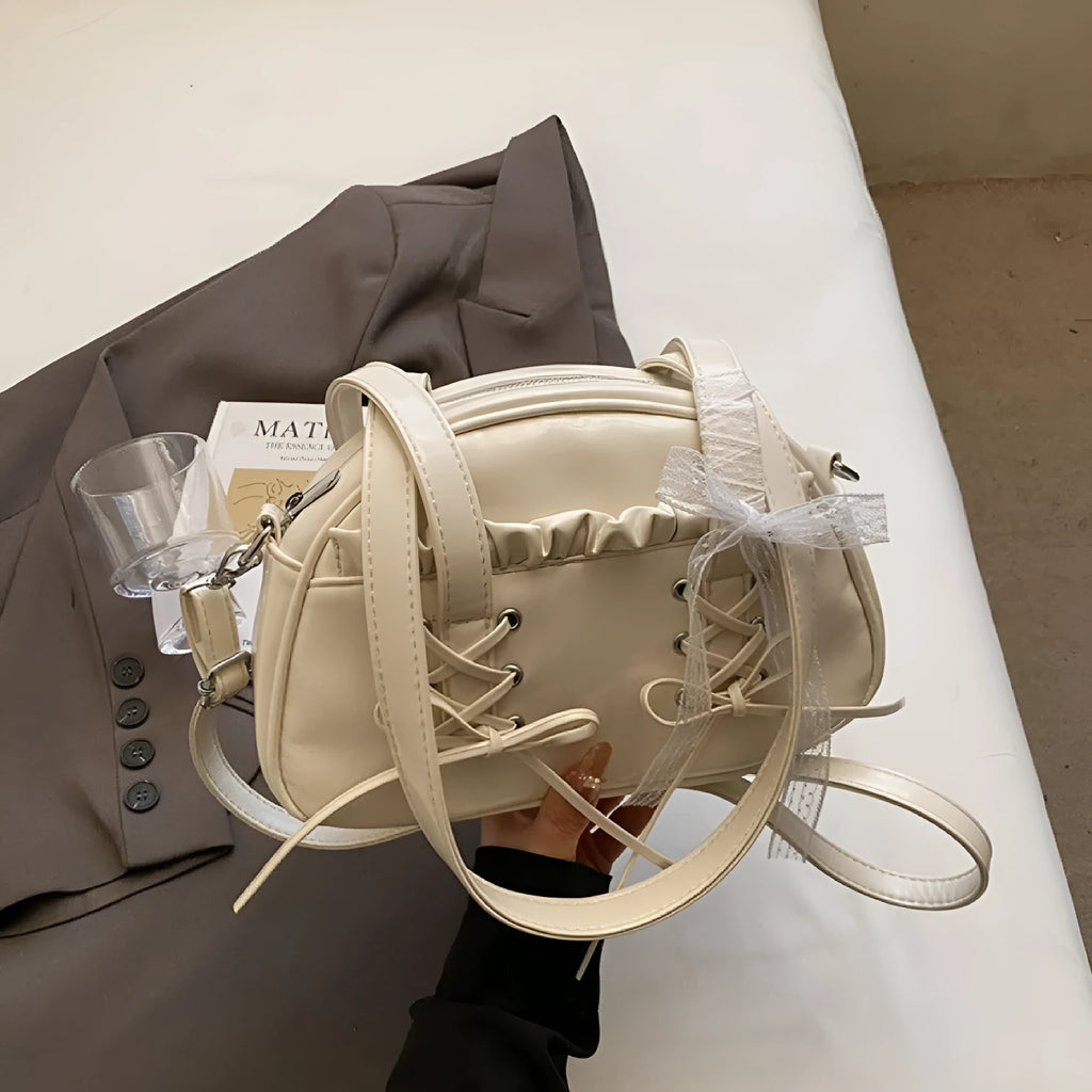 Milky White women's casual shoulder handbag with a bandage bow and sewing thread detail.
