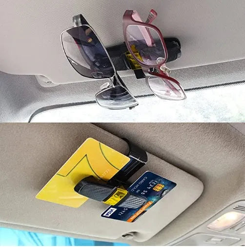 Car sun visor sunglasses clip with carbon fiber finish and double clip design holding glasses and cards