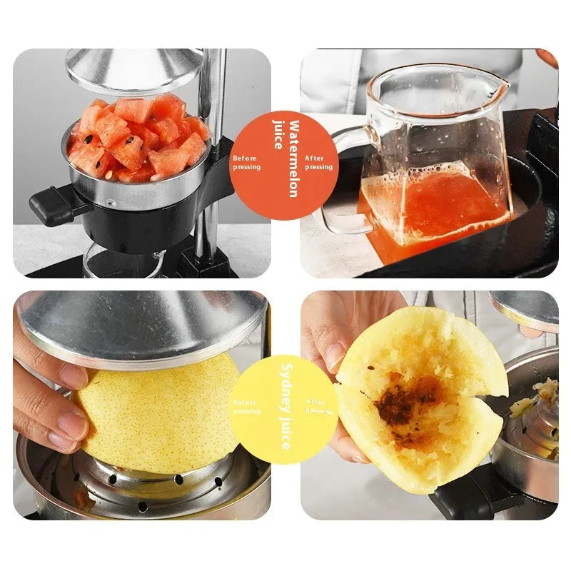 Black cast iron manual citrus juicer with stainless steel strainer on a kitchen counter.