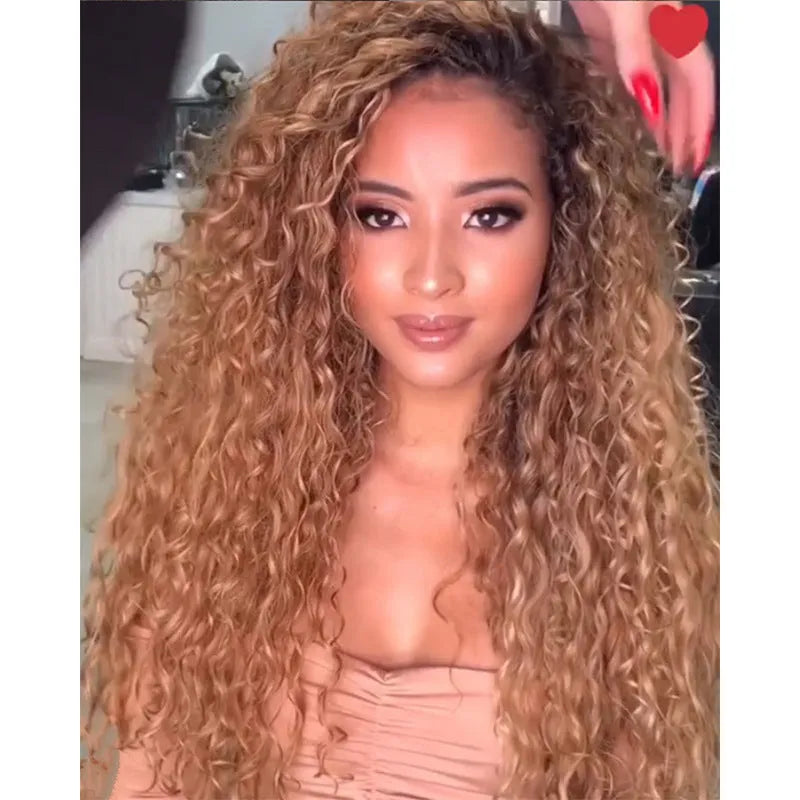 Long curly African small curly wig in yellow and black gradient with side bangs, made from high temperature fibre