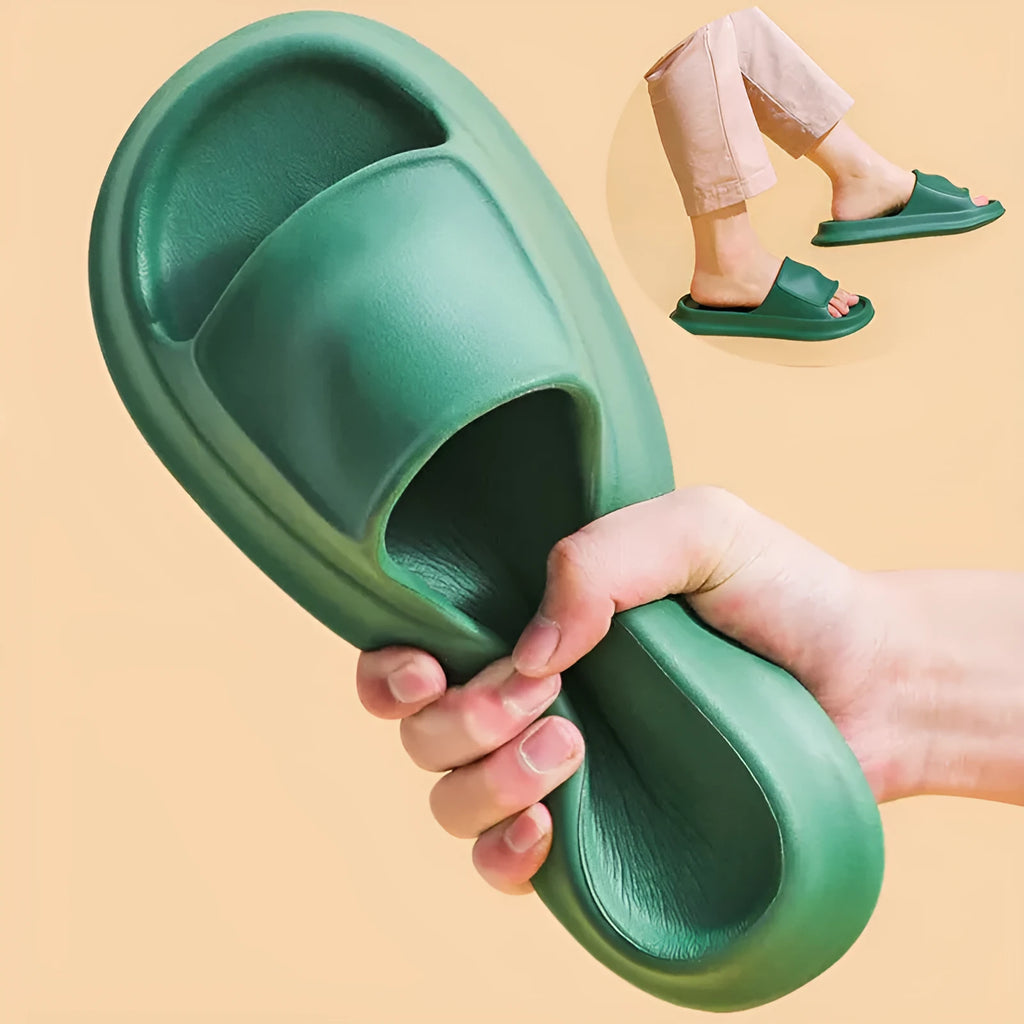 Soft EVA flip-flop slippers in multiple colours on a white background, showing thick sole and non-slip pattern.