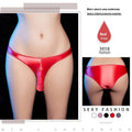 Men's low waist T-back shiny nylon underwear in black, shown on a model.