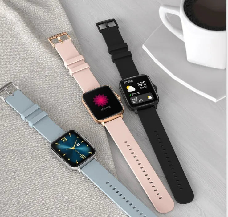 Smart watch with 1.7-inch colour touch screen showing fitness metrics and Bluetooth call interface
