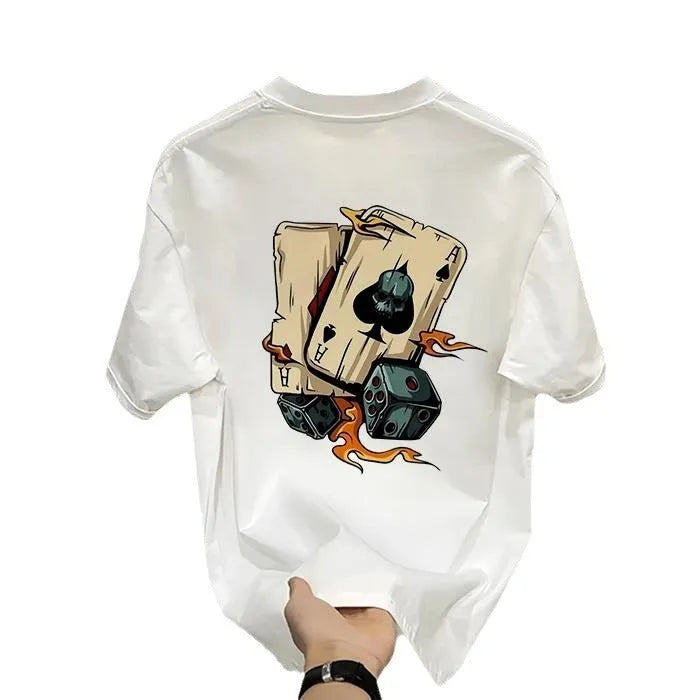 Men's black and white heavy cotton short-sleeved T-shirt with printed design, shown in sizes from S to 5XL.