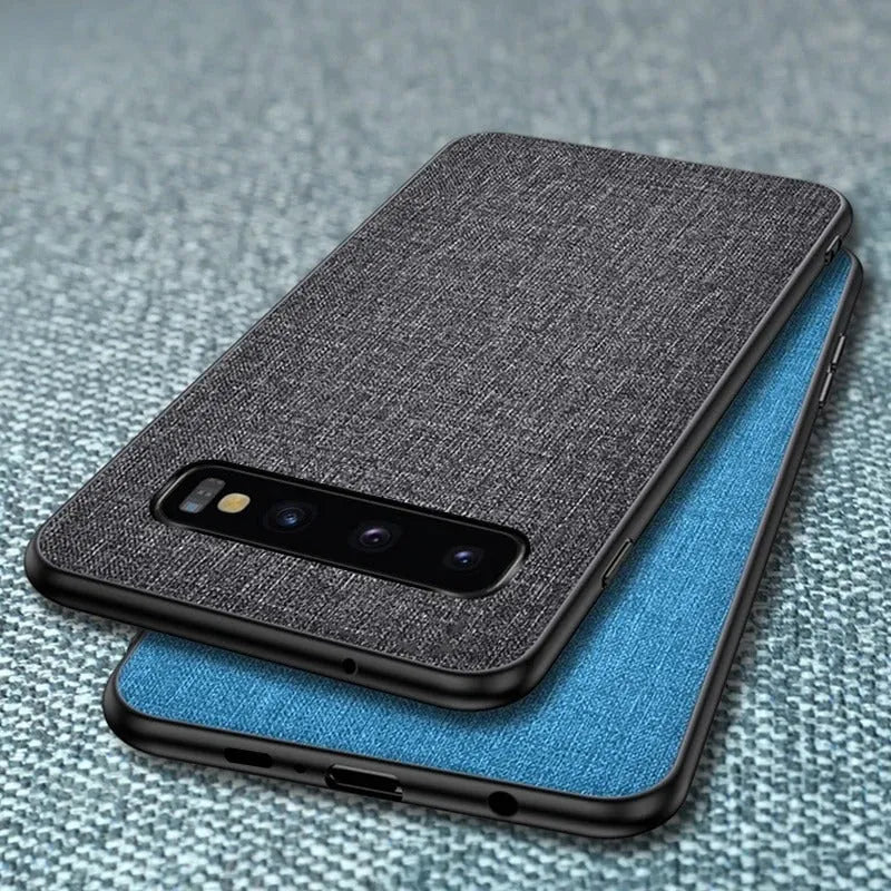 Canvas pattern Samsung Galaxy phone case with TPU rubber sides shown in multiple colour options