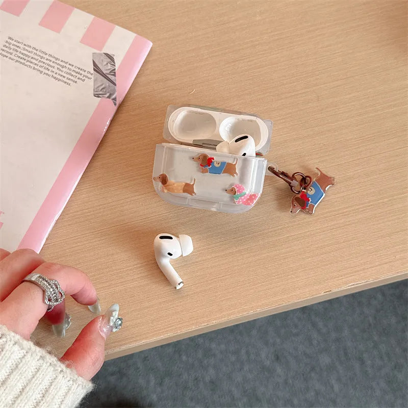 Gradient sausage dog TPU soft shell earphone protective case for AirPods with embossed cartoon design and pendant loop