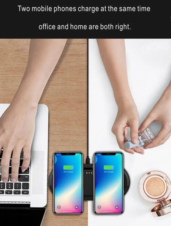 Black and white dual wireless charging pad with two phones charging simultaneously