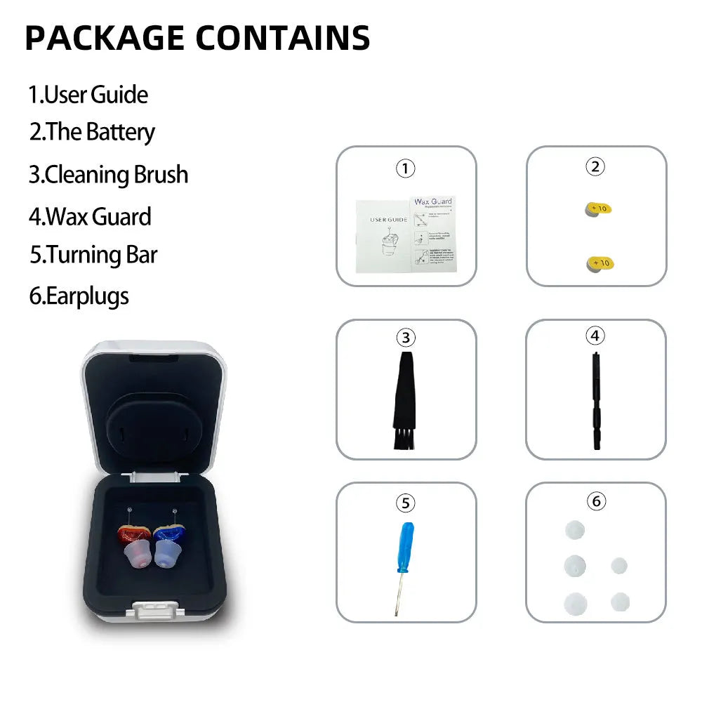 Q10 CIC hearing aid in red and blue colours showing compact 1.8cm x 1.2cm x 0.9cm size with included accessories