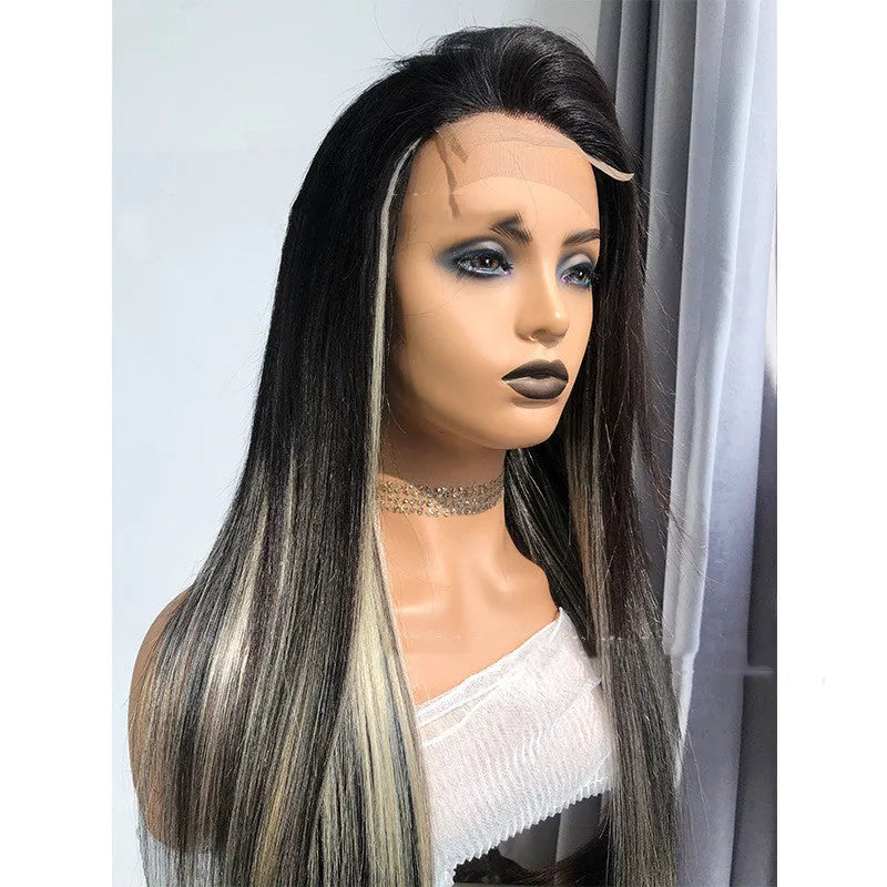 Human hair lace wig in straight or body wave, 10-18 inch, dyeable and ironable, with slanted bangs option.