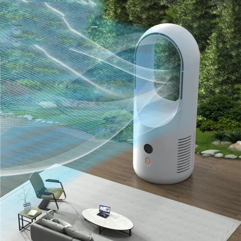 White bladeless desk fan with LED display on a wooden desk