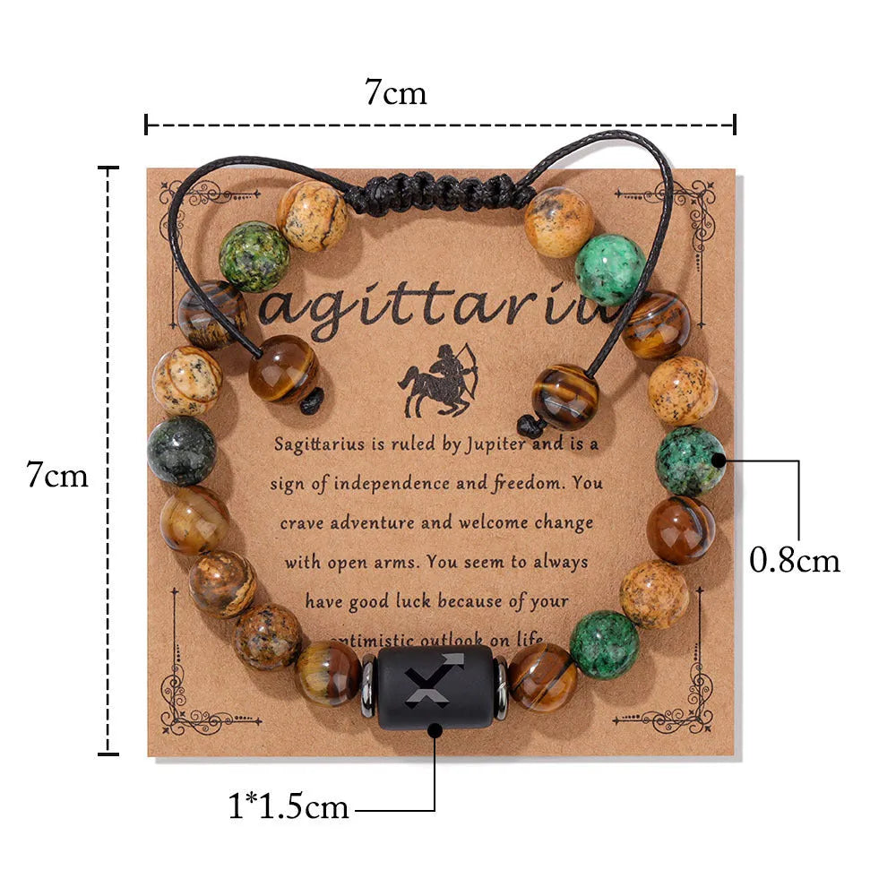 12 constellation woven men's retro natural stone bracelet with agate beads, 19cm length, unisex zodiac design