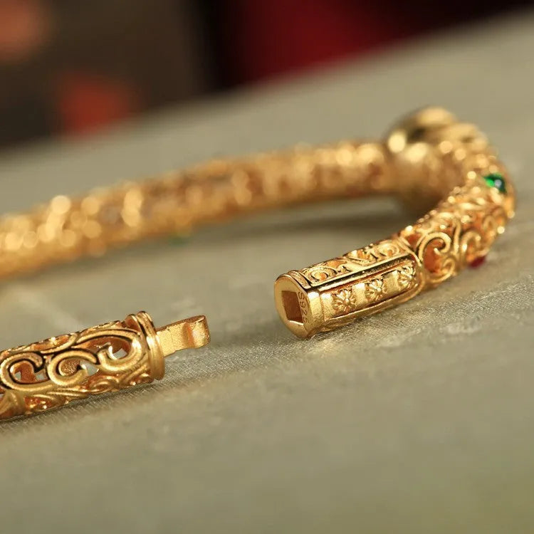 Gold-plated copper women's bracelet with retro opening xiangyun gourd charm in open style design