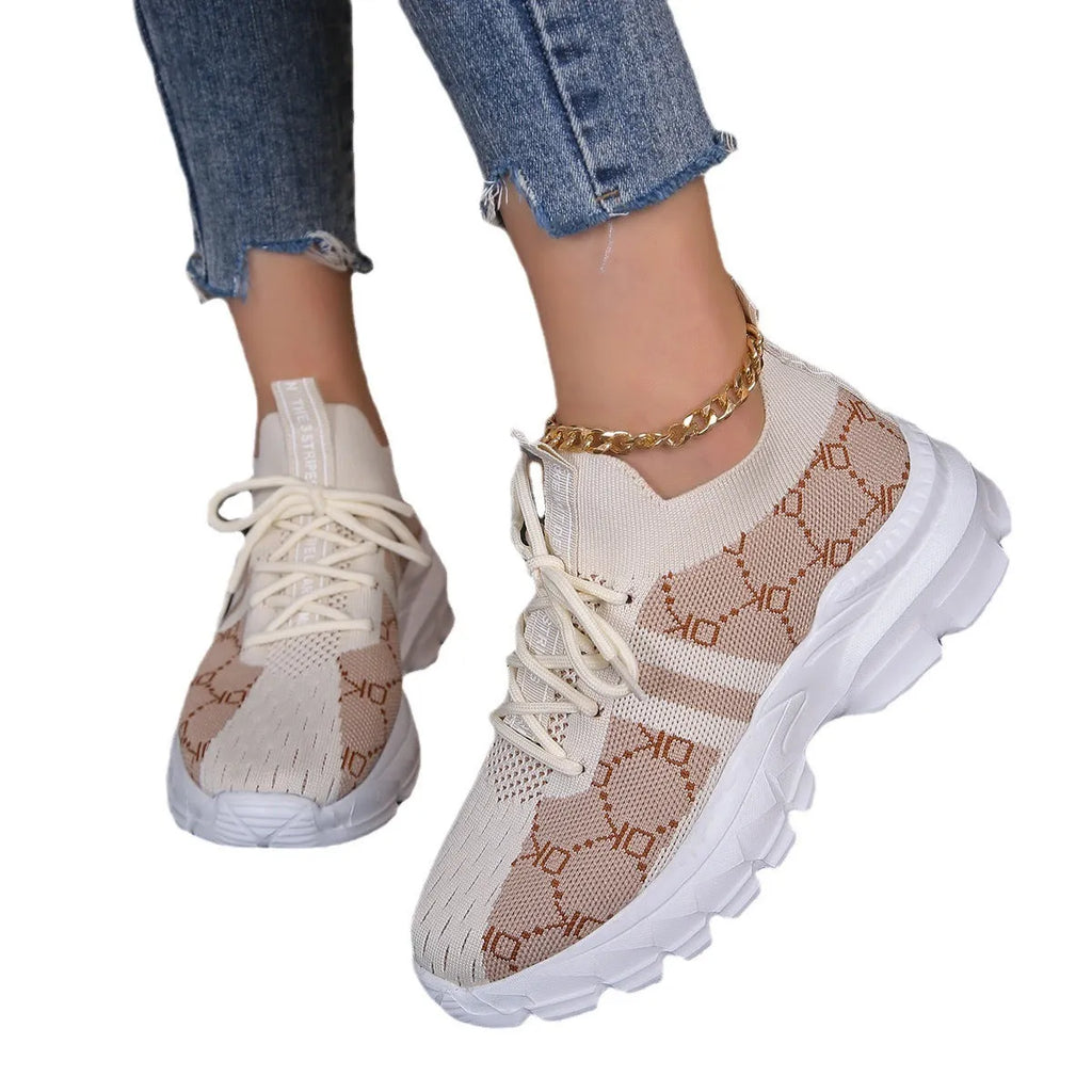 Women's breathable mesh lace up flat sneakers in light brown with rubber sole and round toe