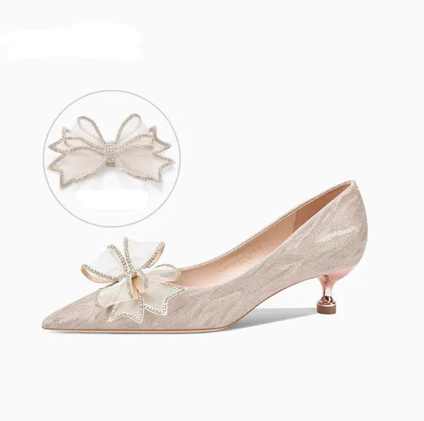 Champagne gold women's stiletto pumps with sequin and crystal decoration, pointed toe, and low top