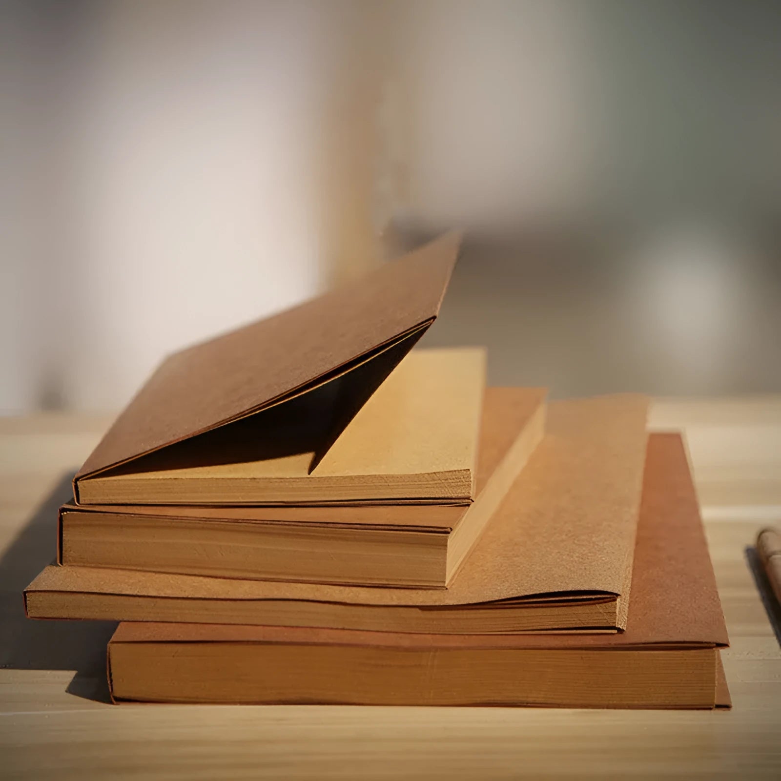 Brown and white kraft paper sketchbooks showing 16K and 32K sizes open to reveal drawing pages