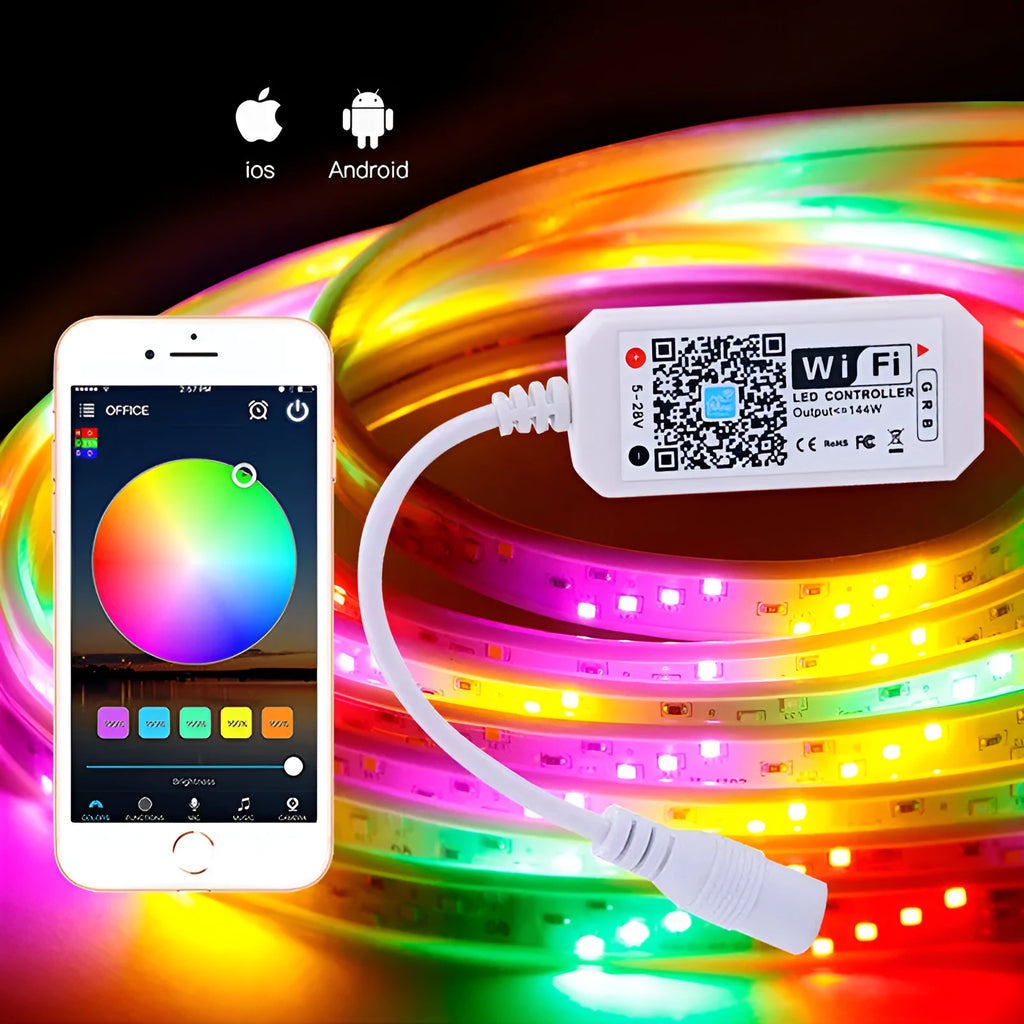 White WiFi RGB LED strip controller with Magic Home Pro app compatibility for smartphone lighting control