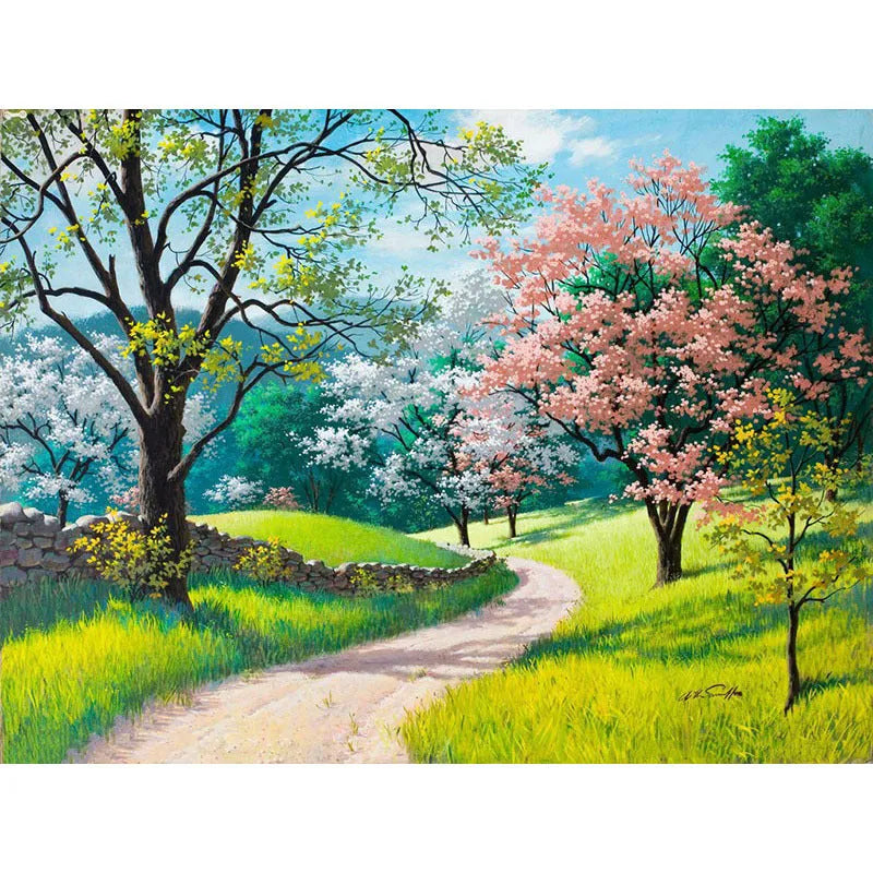 40x50cm paint by numbers kit showing printed linen landscape canvas, acrylic paint pots, and optional wooden stretcher frame.
