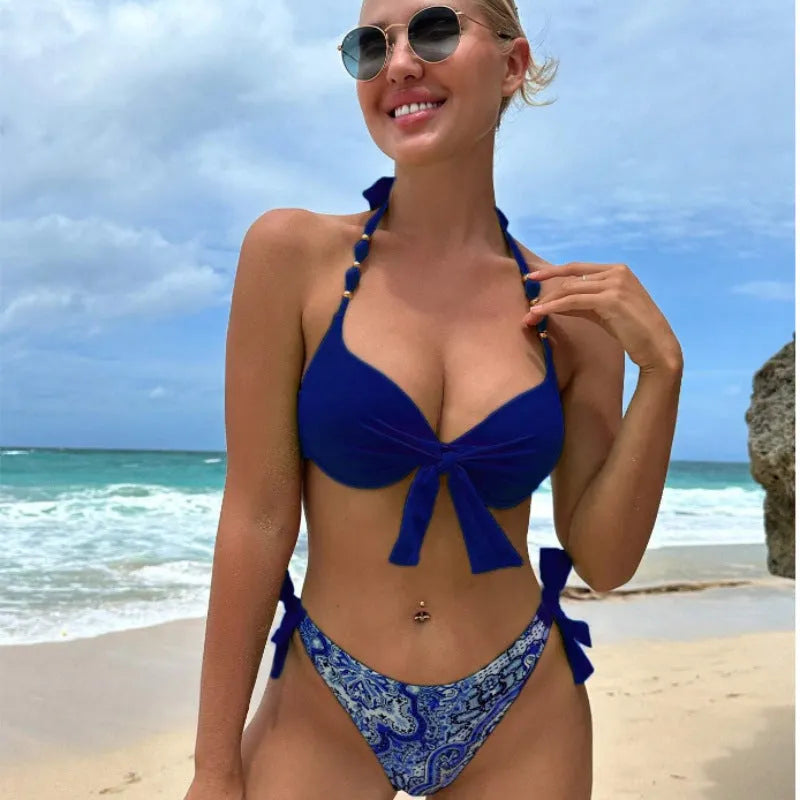 Ladies polyester bikini swimsuit two-piece set showing colour options and sizing information