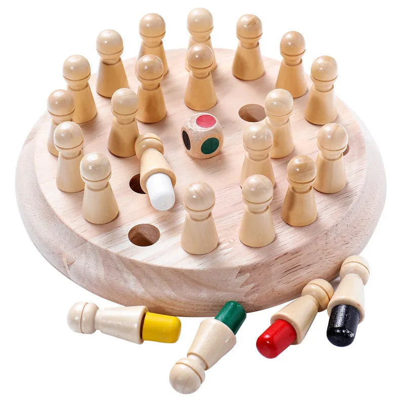 Beech wood memory chess educational game with coloured pieces on 17cm board for children aged 3+
