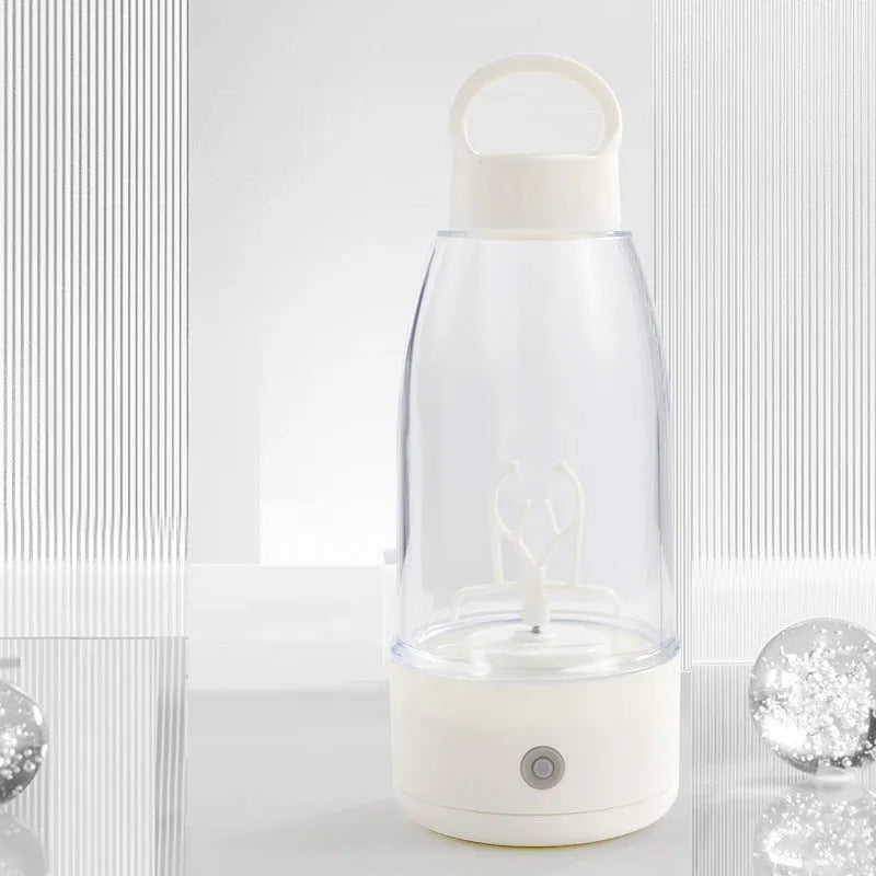 Automatic electric shaker bottle with USB charging port in green, pink, and white colours.