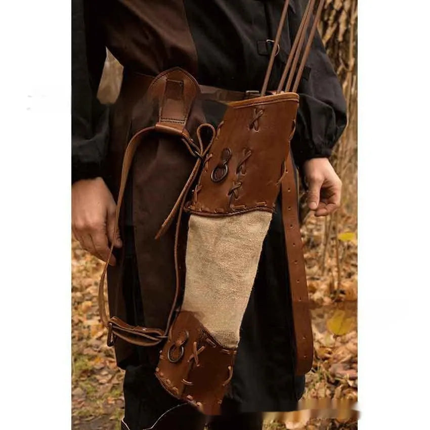 Brown hand-knitted lace-up quiver bag with thick pattern and color matching strap, free size medieval leather quiver