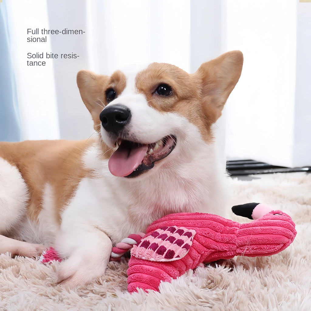 Pink corduroy animal-shaped squeaky dog toy with reinforced stitching