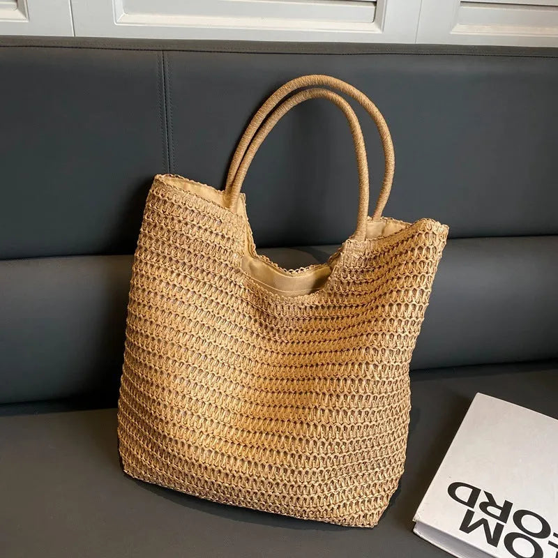 Women's large capacity straw bag in beige with double shoulder straps, 41cm wide 39cm high 12cm thick