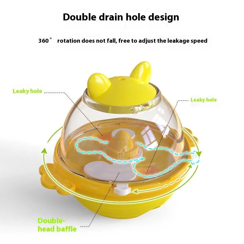 Lake blue TPR tumbler dog feeder toy with food dispenser opening, shown next to yellow version.
