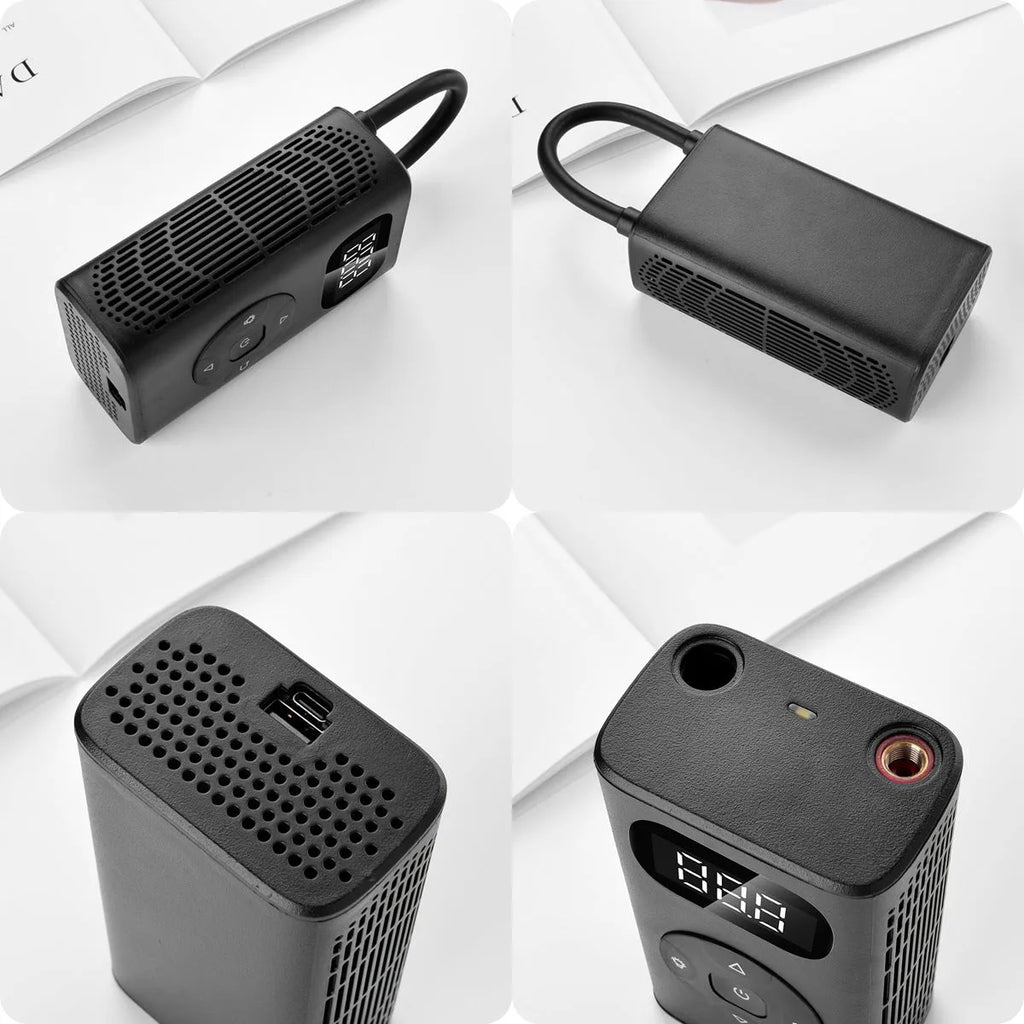 Black portable USB air compressor power bank with inflatable hose for car and bike tyres