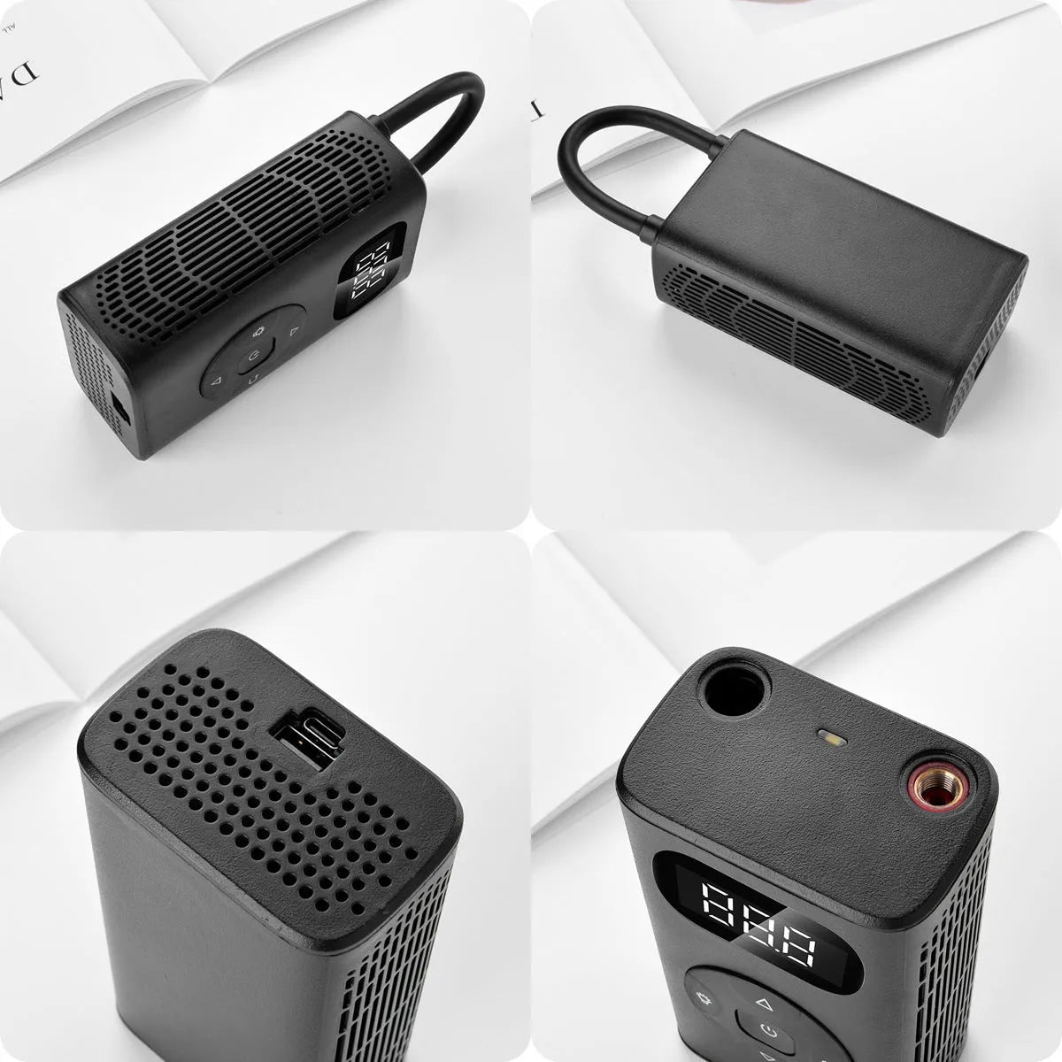 Black portable USB air compressor power bank with inflatable hose for car and bike tyres