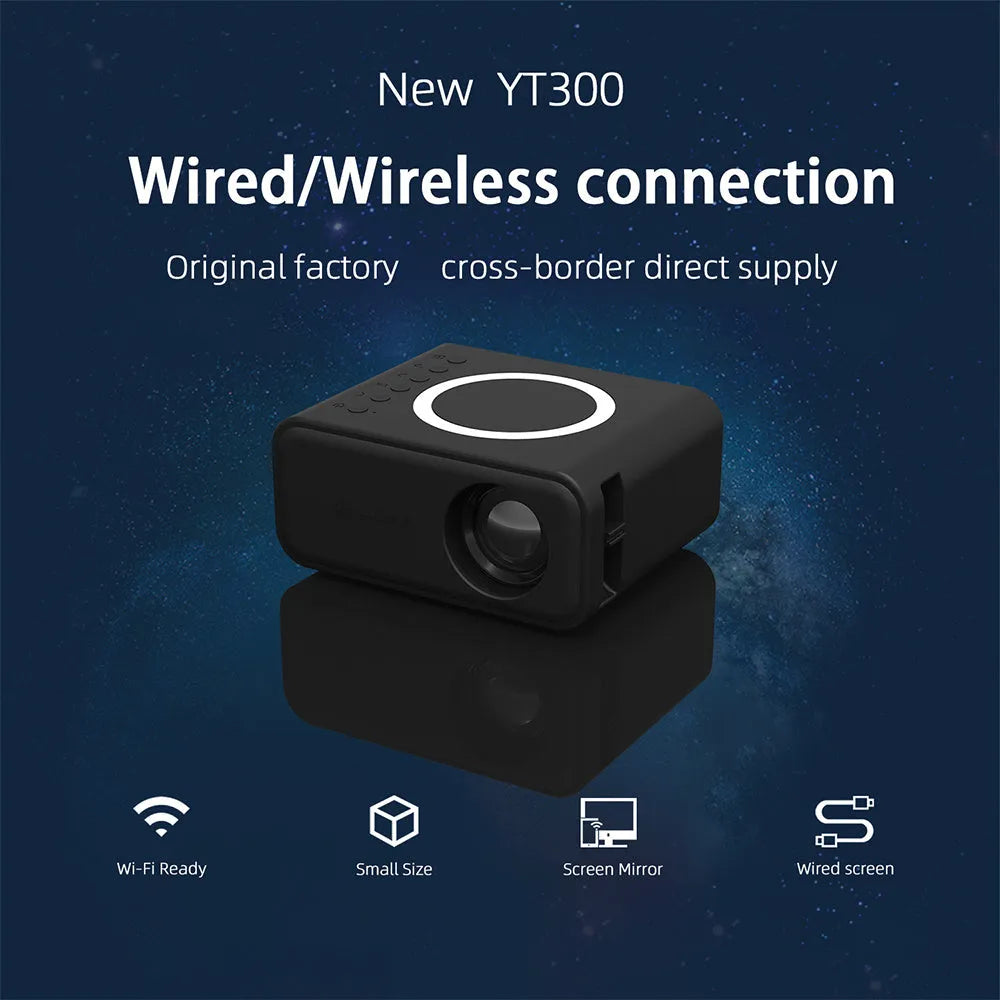 YT300 black or white portable mini projector showing 1080P movie projection on a wall in a dim room.