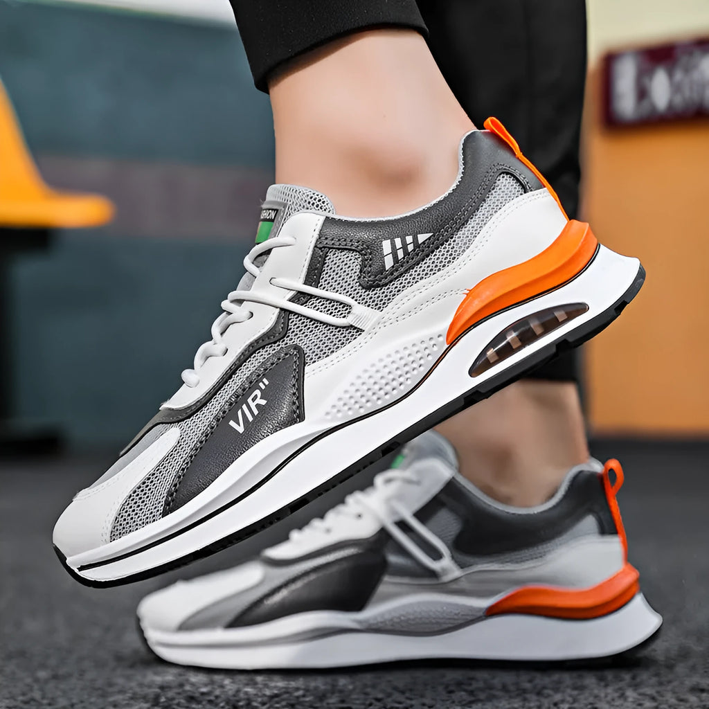Men's grey breathable mesh running shoes with middle-top design and EVA soles