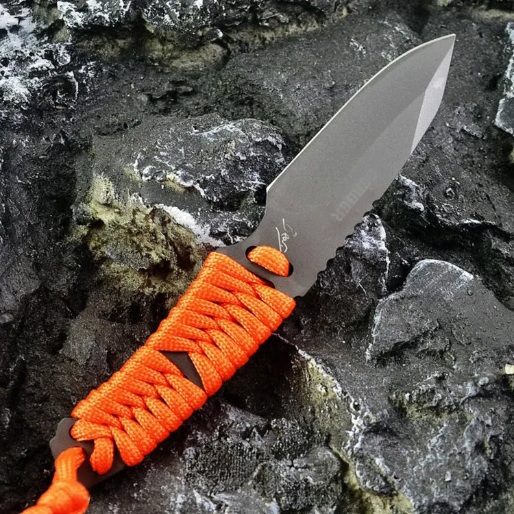Straight blade camping knife with rope handle and ABS plastic sheath