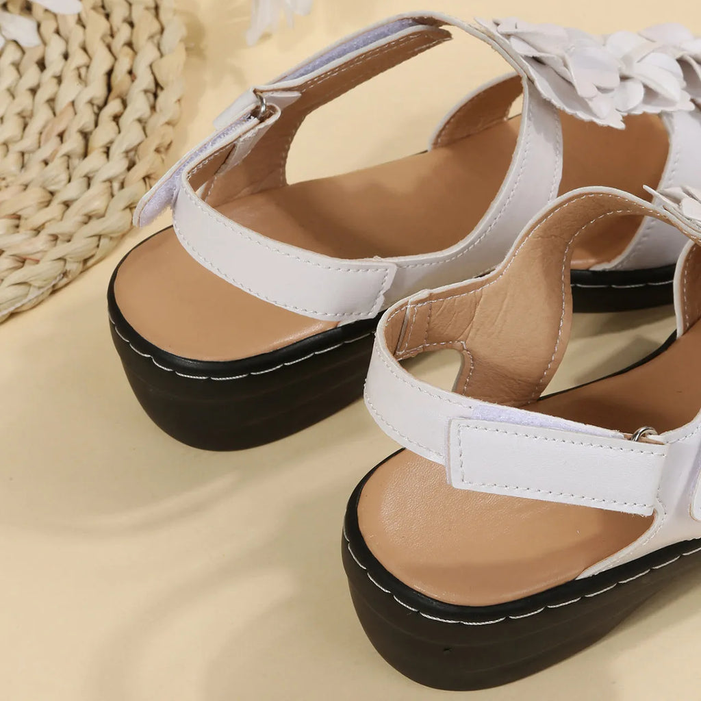 Women's fish mouth velcro wedge sandals in white PU upper with adjustable strap