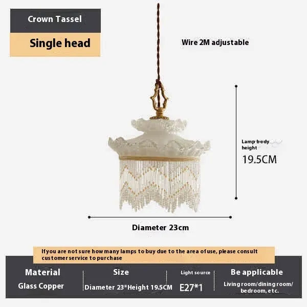 Tassel glass chandelier with copper lamp body, glass lampshade, and LED light source for dining room or bedroom