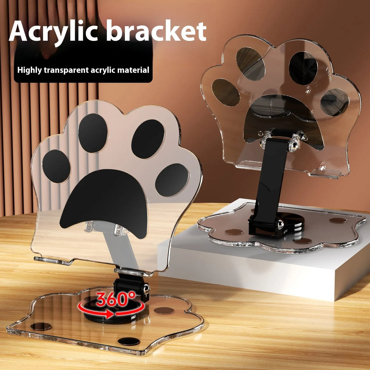 Acrylic rotating mobile phone stand in transparent acrylic with cartoon style, shown as a desktop phone holder in five colour options.