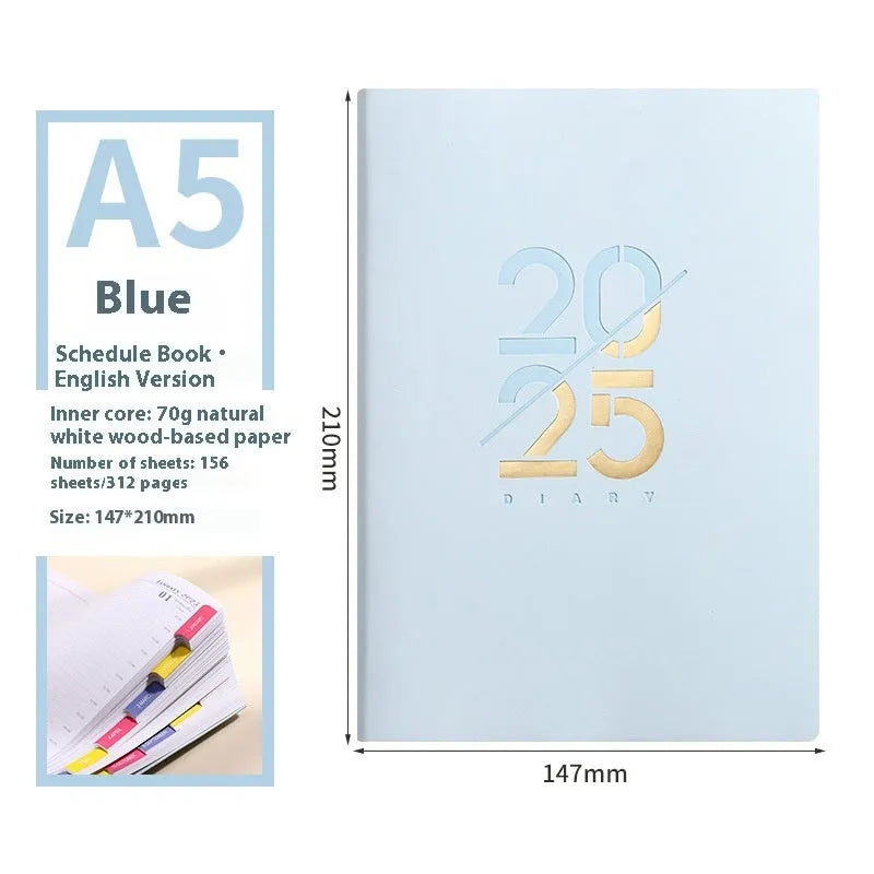 2025 A5 daily planner with soft faux leather cover in multiple colour options showing open pages