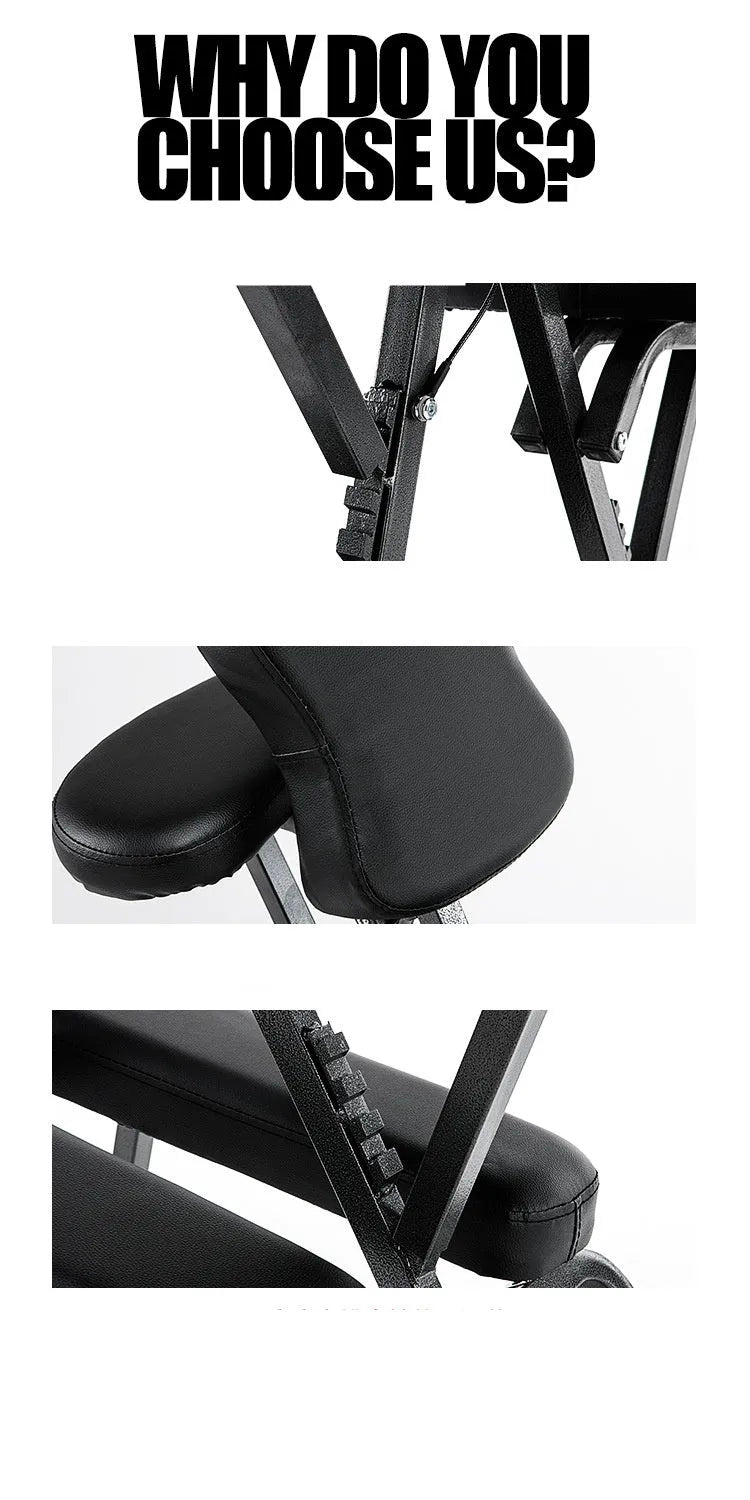 Folding massage chair in black with PVC leather seat and wood steel frame for tattooing and massage use