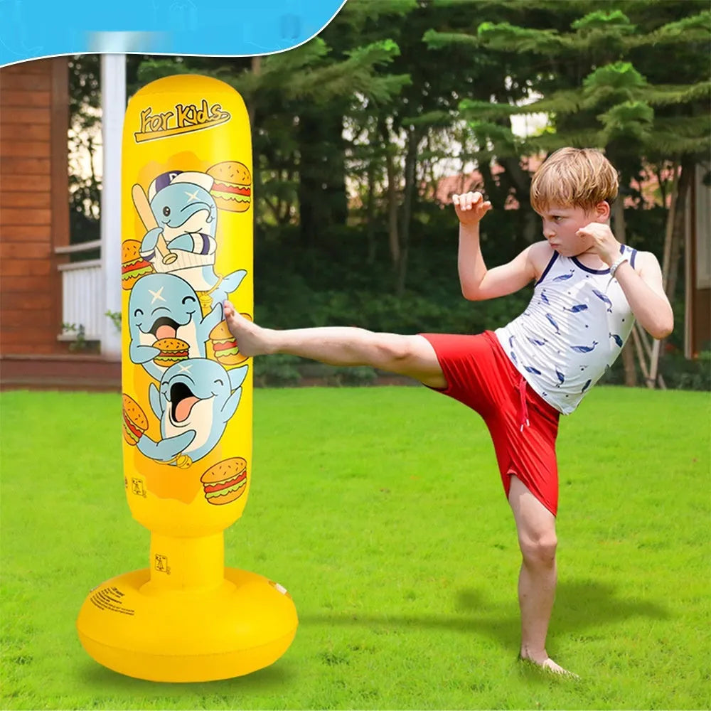 Yellow inflatable boxing column tumbler for fitness training with 120cm height measurement