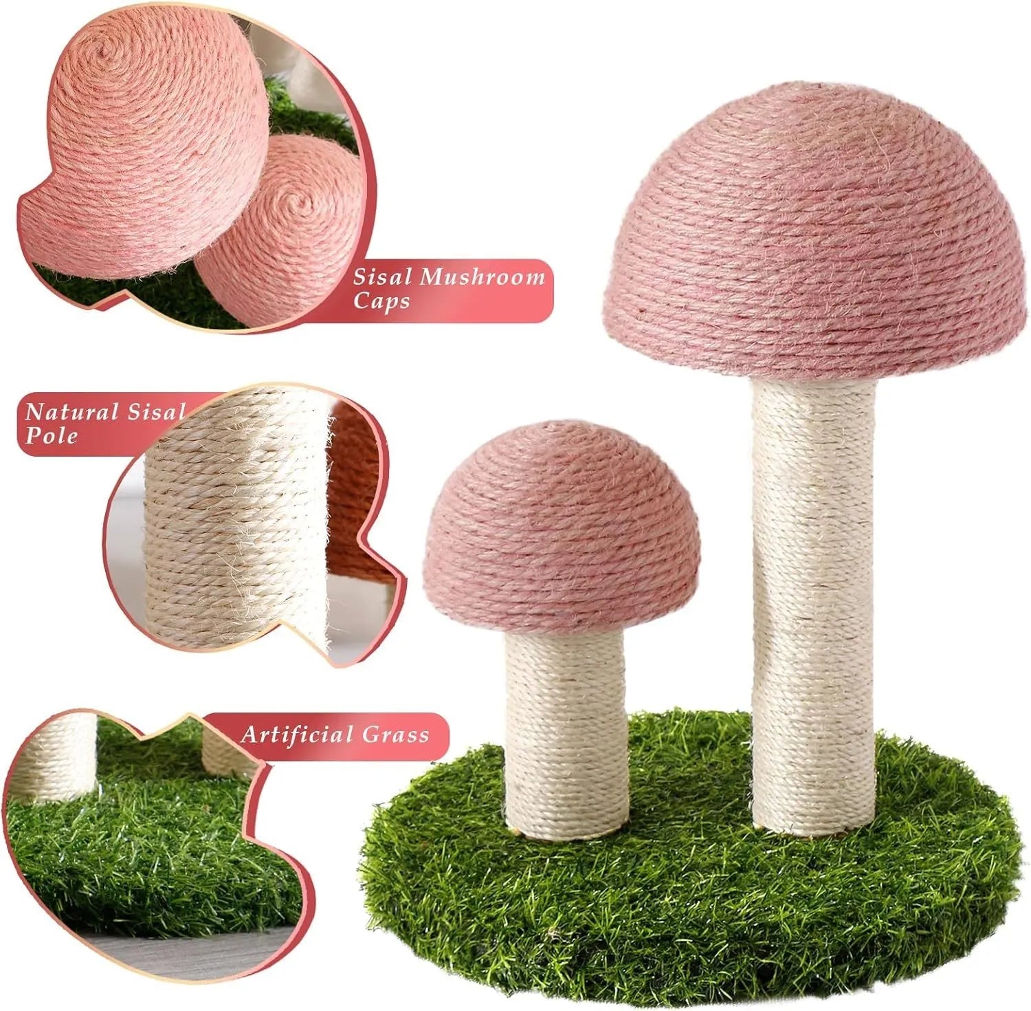 Pink mushroom-shaped cat scratching post with natural sisal covering for kittens and small cats
