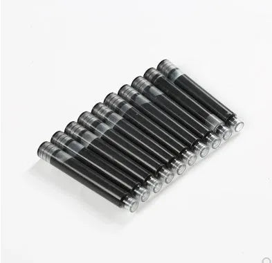 Ten steel ink sacs with screw-in fittings for fountain pen repair on a white background.