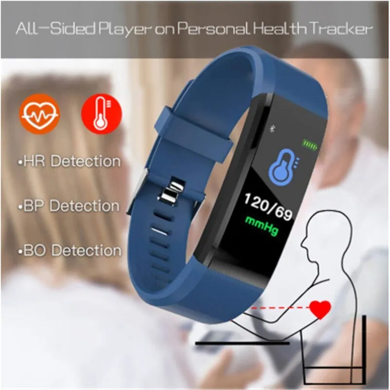 Screen Smart Wristband 115plus fitness tracker with colour LED touch screen on wrist showing heart rate