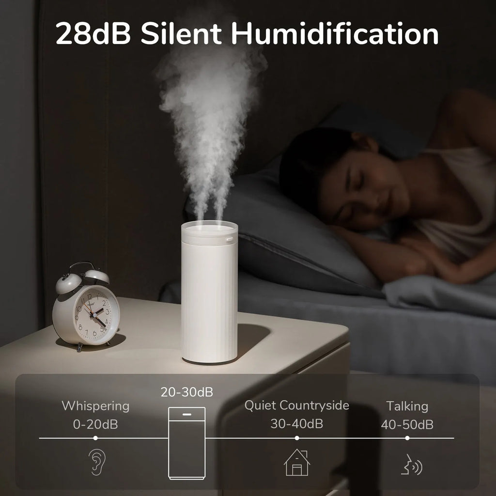500ml desk humidifier with night light, two fog outlets, USB and car power, in Earth Brown, Coral Pink, or White.