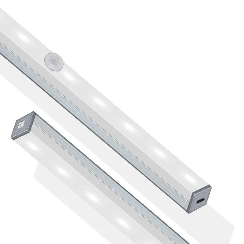 Aluminium magnetic LED closet light strip with motion sensor, shown in cold white and warm white.